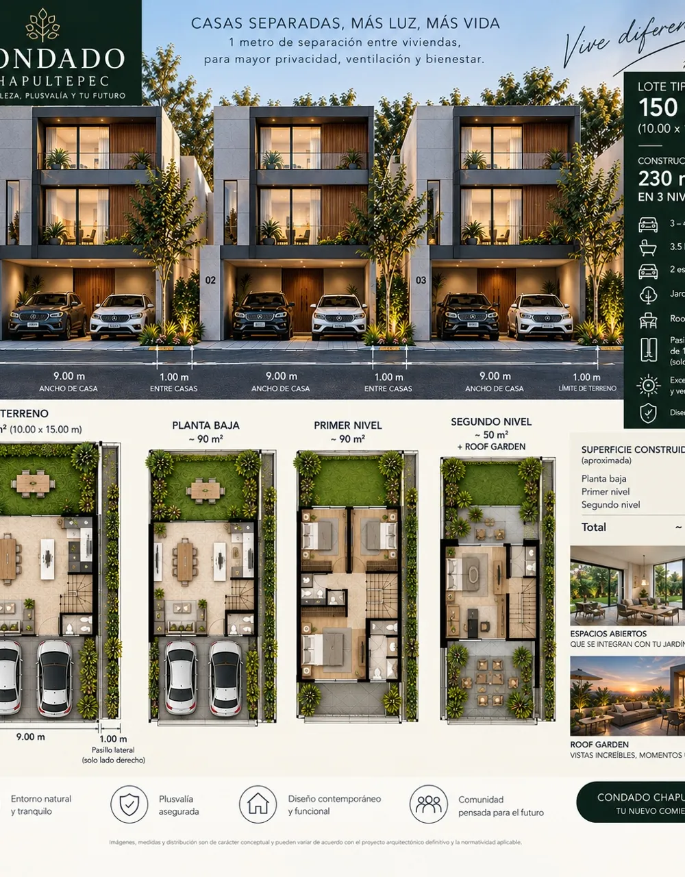 Interior de la casa tipo con sala a doble altura abierta al jardín