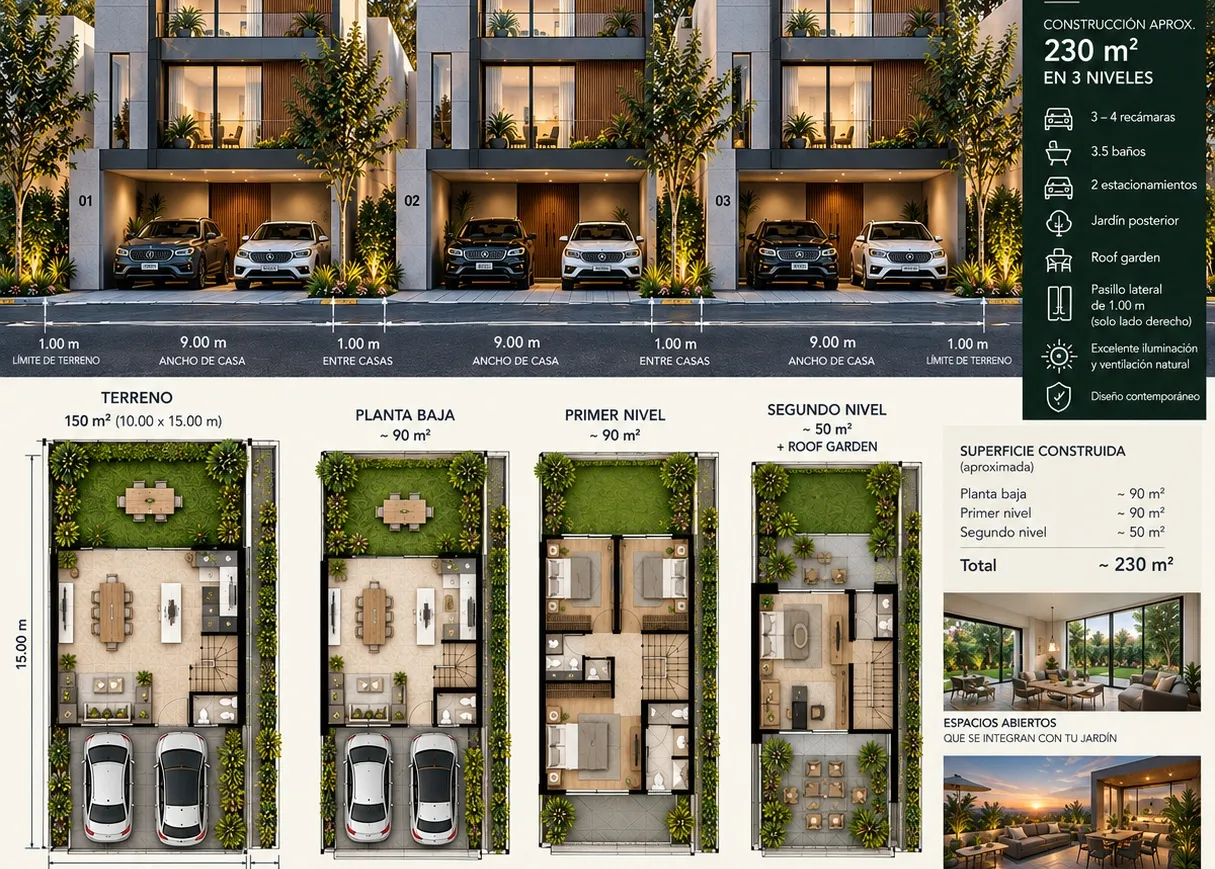 Fachadas de tres casas tipo y planos de distribución por nivel