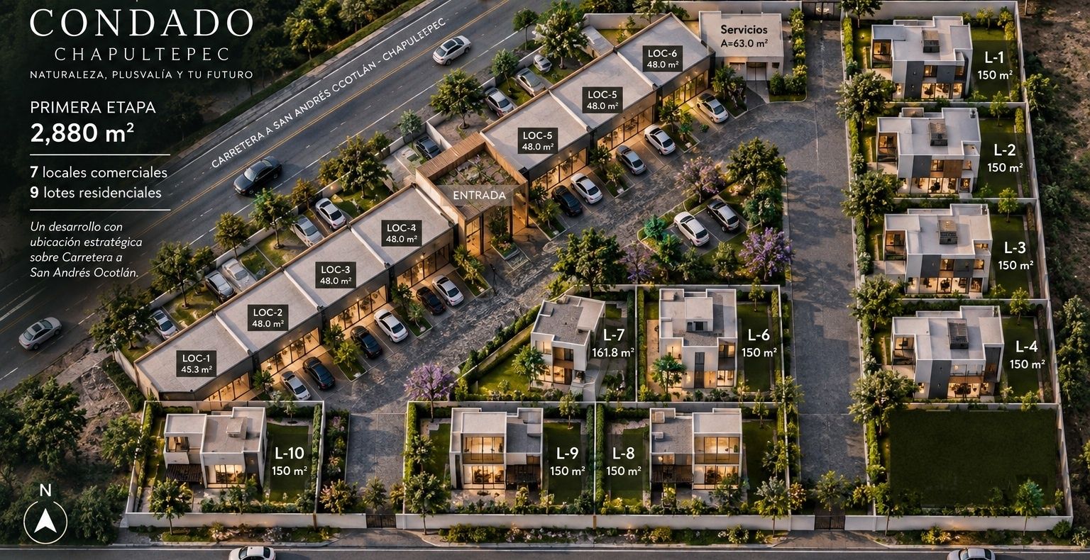 Render aéreo de la primera etapa: nueve lotes residenciales con casas de tres niveles, siete locales comerciales al frente de la carretera, entrada controlada y área de servicios